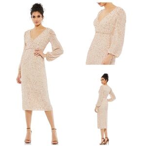 NWT Mac Duggal 10764 Sequin Long Sleeve Cocktail Midi Dress SZ 4 Nude